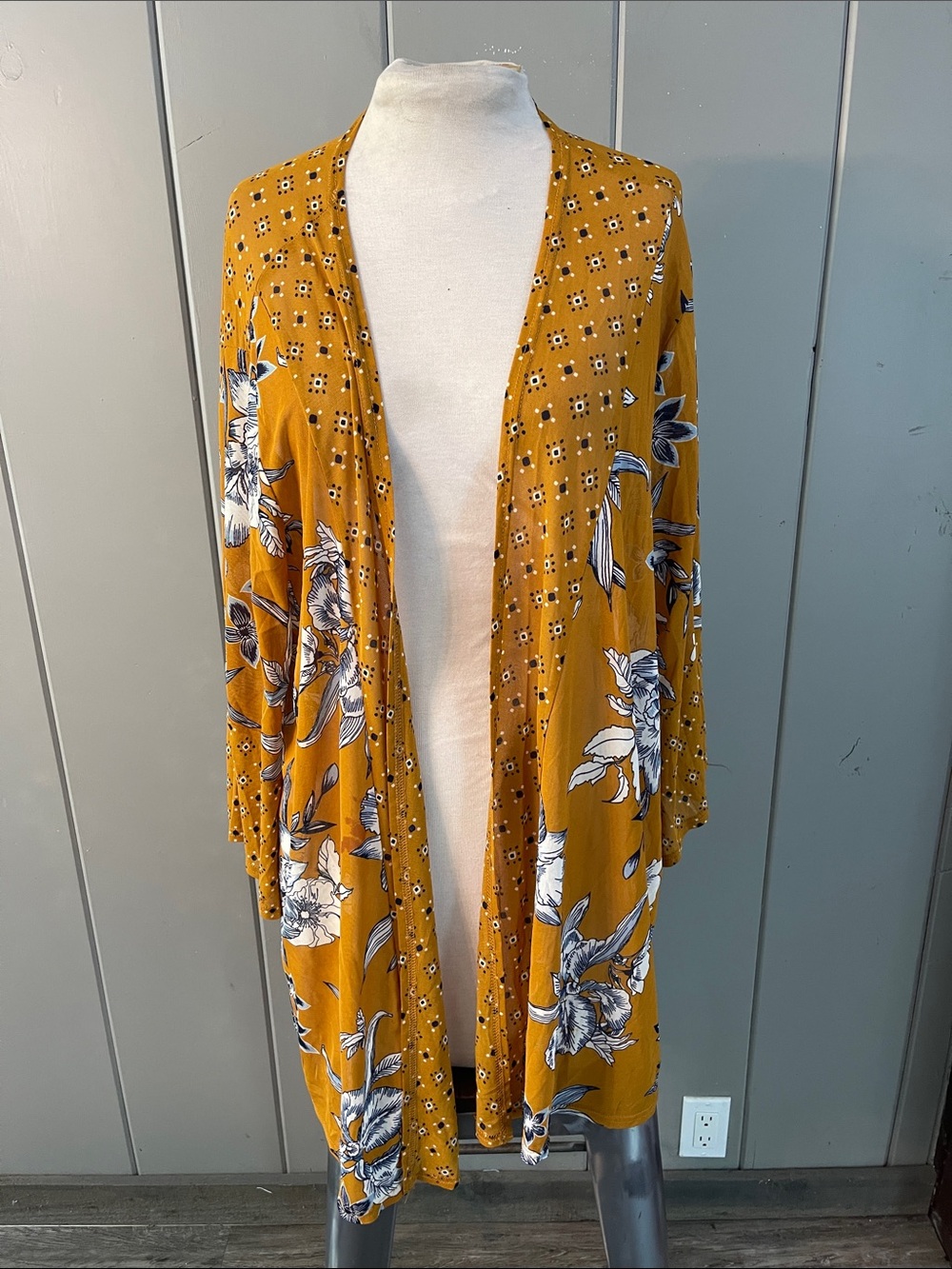 Siren Lily Cardigan Duster Jacket Gold Floral Bohemian Artsy Festival Flowy Mesh